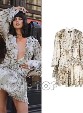 POP买手店 Blumarine 23ss春夏新款动物豹纹荷叶边饰洋装