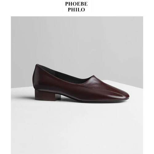 PHOEBE PHILO 极简风通勤方头粗跟一脚蹬真皮包鞋