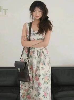 TACH Lumeng同款田园风圆领花卉无袖吊带中长版洋装