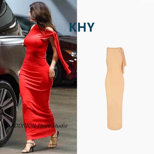 正品 KHY 春夏款kylie同款纯色不对称斜肩飘带修身显瘦中长连衣裙