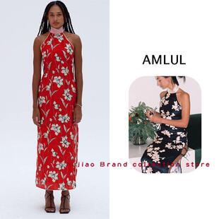 糊椒 买手店 AMLUL 新款复古中式挂颈印花开衩长裙礼服裙旗袍