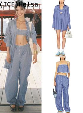 Lve买手店折扣Helsa易梦玲ElsaHosk同款蓝色条纹衬衫吊带长裤