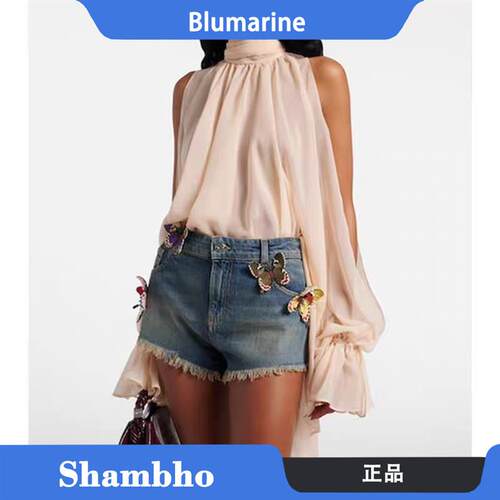 Shambho正品 Blumarine 蓝色情人蝴蝶立体刺绣女士修身牛仔短裤