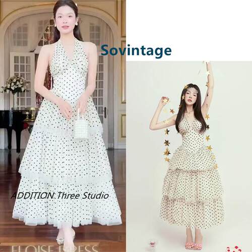 越南 Sovintage 优雅纯欲复古波点V领收腰蓬蓬挂脖露背吊带连衣裙
