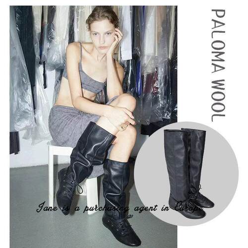 国现 西班牙 PALOMA WOOL 复古褶皱高筒绑带芭蕾骑士平底长靴