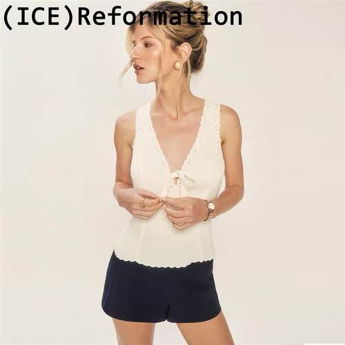 ice买手店正品现货Reformation背心26新款花边深V领绑带无袖背心