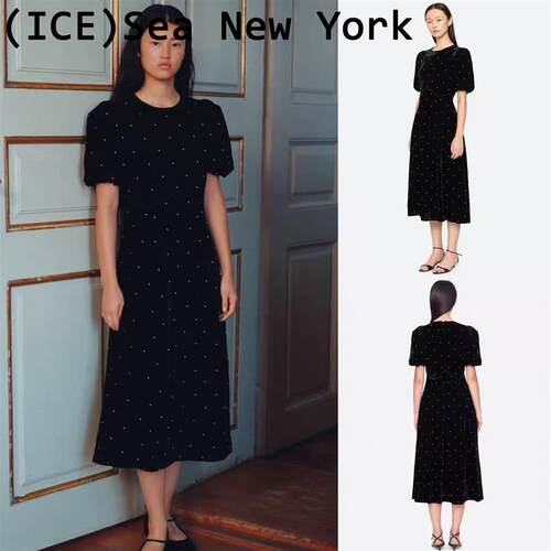 ice买手店正品现货Sea New York复古丝绒珠点缀泡泡袖收腰洋装