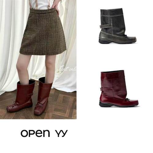 折扣 OPEN YY 新款复古风方头中筒低跟做旧骑行靴短靴