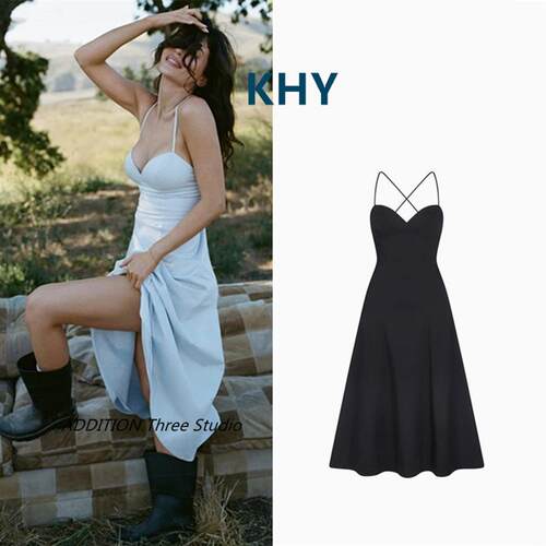 正品 KHY 春夏款性感交叉细肩带露背绑带中长款度假吊带连衣裙女