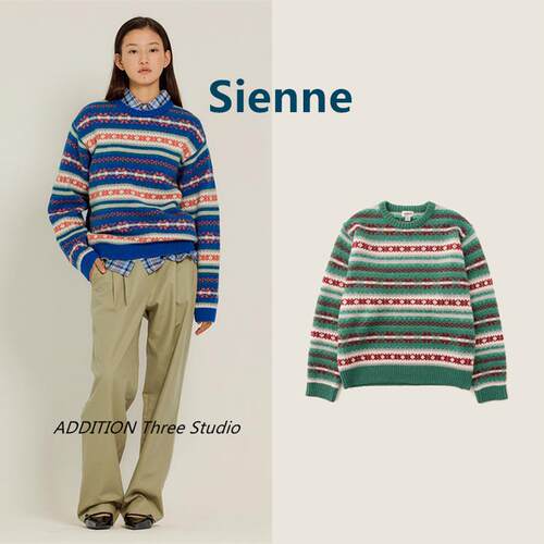 正品 Sienne 24秋季新款复古撞色提花圆领宽松休闲针织套头毛衣