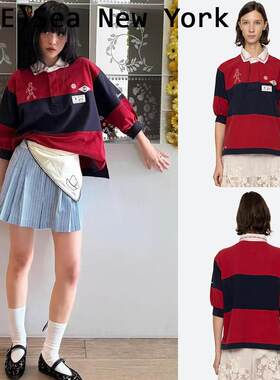 ice买手店Sea  橄榄球衬衫泡泡短袖POLO领条纹上衣女