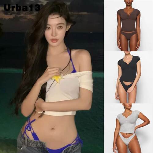 Urba13买手店现货正品SKIMS COTTON JERSEY短袖V领系扣打底杉T恤