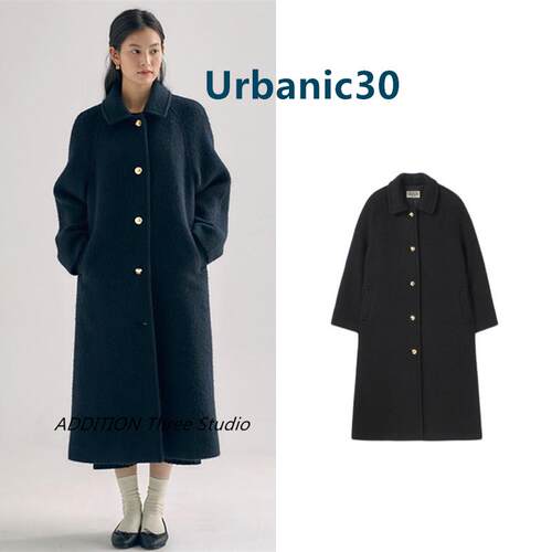 折扣Urbanic30 秋冬款韩版宽松翻领黑色加厚单排扣中长款毛呢外套