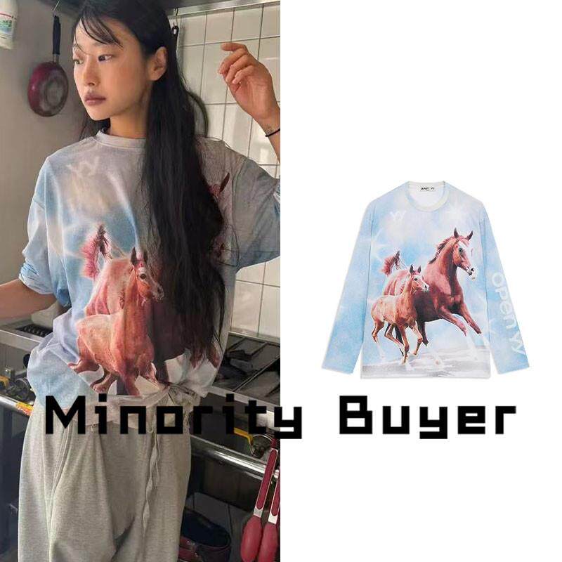 现货买手店 OPEN YY 新款马年限定印花长袖T恤女宽松圆领休闲上衣