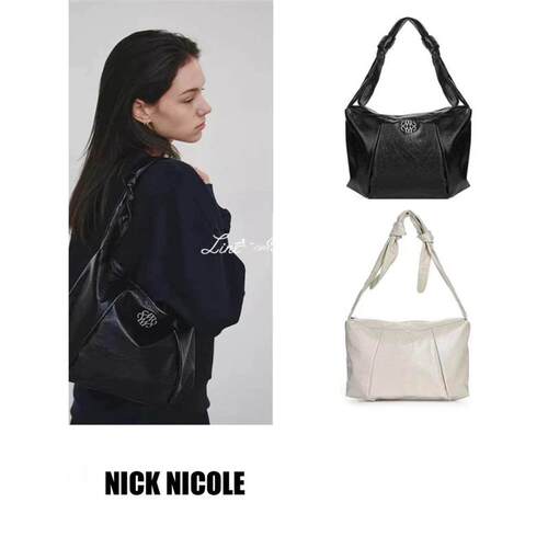 折扣 Nick Nicole 简约logo打结肩带单肩包大容量牛角包
