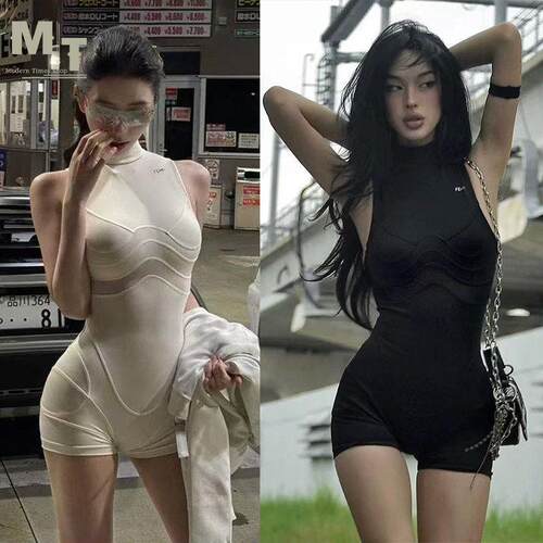 Feng 方圆同款复古越南欧美纯欲风辣妹紧身连身衣套装