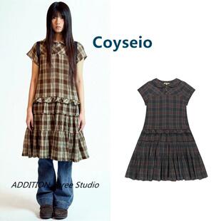 韩国 Coyseio 26春夏新款娃娃领复古格纹宽松褶皱花边短袖连衣裙