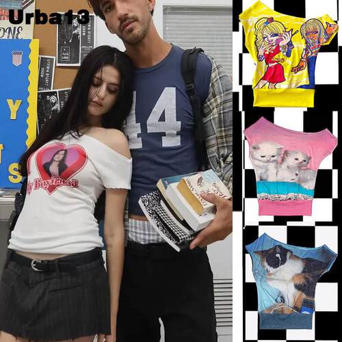 Urba13买手店现货正品Omighty短袖斜肩不对称y2k辣妹露肩上衣T恤