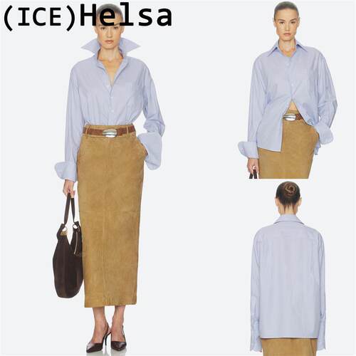 ice买手店正品Helsa套装经典蓝色格纹宽松衬衫中长半长款身裙女