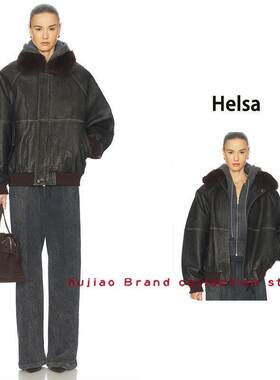 煳椒 Helsa 新款黑色人造毛领皮革飞行员夹克外套皮衣