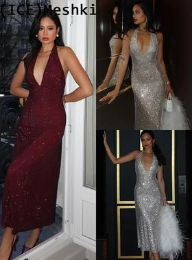 Lve买手店正品折扣澳洲MESHKI连衣裙闪钻挂脖V领露背修身礼服长裙