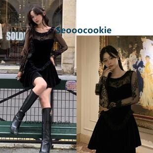 韩国 Seooocookie 25春款蕾丝拼接透视丝绒收腰长袖连衣裙女
