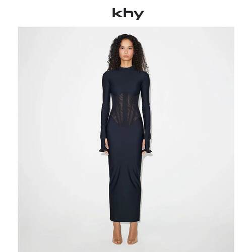 KHY 新款性感风收腰显瘦气质穿搭修身长袖洋装女