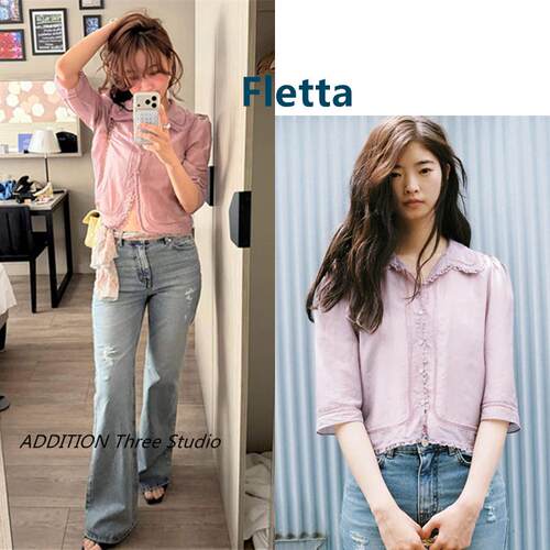 韩国 Fletta 26夏季新款复古甜美温柔风荷叶领百搭短袖衬衫上衣女