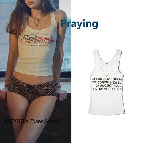 正品 Praying 26夏季新款辣妹字母印花修身短款花边背心吊带上衣