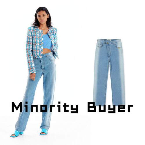 Minority买手店 EENK 22SS浅蓝色不对称女士斜襟渐层直筒牛仔长裤