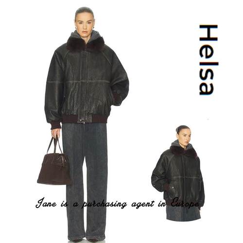 国现 瑞典直邮 Helsa 新款飞行员款黑蓬松毛毛领罗纹收口牛皮夹克