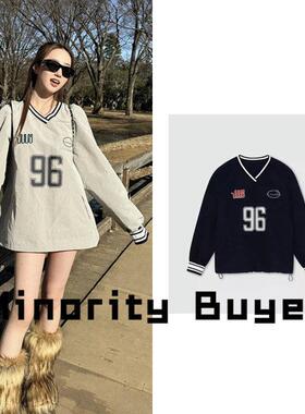 现货 买手店 NIEEH JENNIE同款条纹边薄款美式复古数字球衣卫衣
