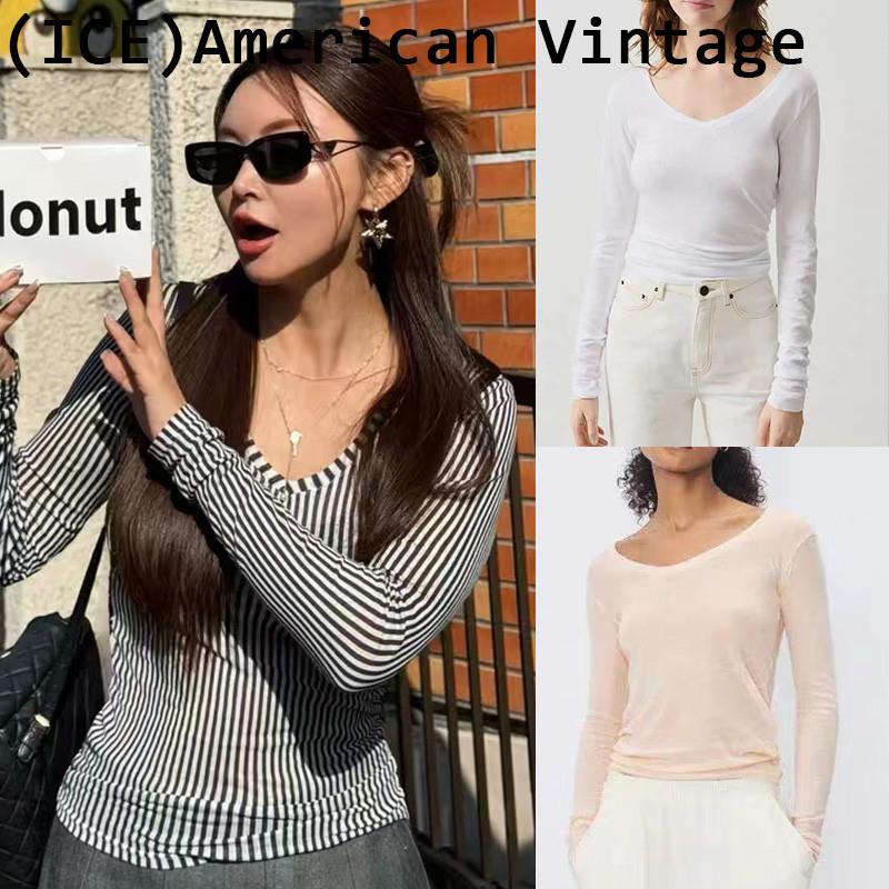 ice买手店正品American vintage春秋V领条纹薄款微透打底长袖T恤图片