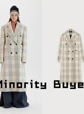 Minority买手店 EENK 灰白色格纹双排扣西装领口袋中长版长袖大衣