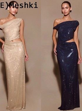 Lve买手店正品现货Meshki长裙斜肩不对称闪钻镂空露腰垂坠连衣裙