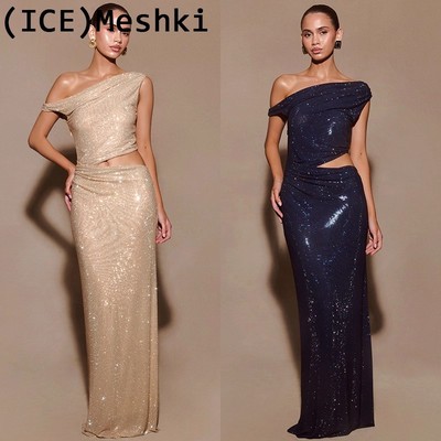 Meshki斜肩闪钻露腰垂坠连衣裙