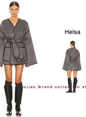 煳椒 Helsa 新款复古灰色松弛感V领绑带斗篷款阔袖毛呢短外套