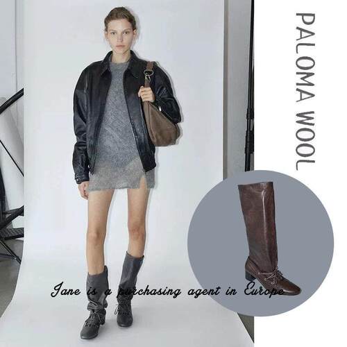 国现 PALOMA WOOL 24秋冬新款休闲纯色粗跟系带皱褶堆堆中筒靴子