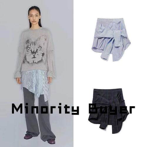 现货 买手店 OPEN YY 小众复古宽松百搭条纹格纹棉质半身裙衬衫裙