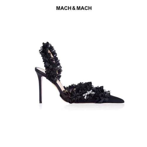 Mach & Mach 蕾丝花边真丝性感气质尖头高跟凉鞋