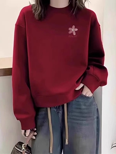 红色卫衣女春秋季圆领2025新款本命年宽松重磅纯棉小个子时尚上衣