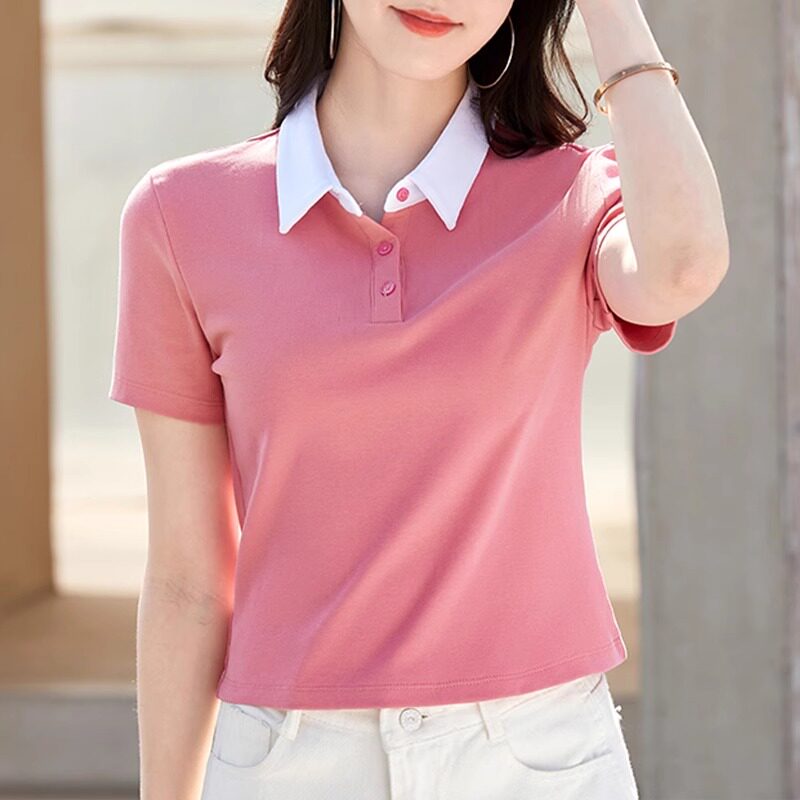 POLO领短袖t恤女2025年新款夏季纯棉修身翻领纽扣半袖短款上衣潮