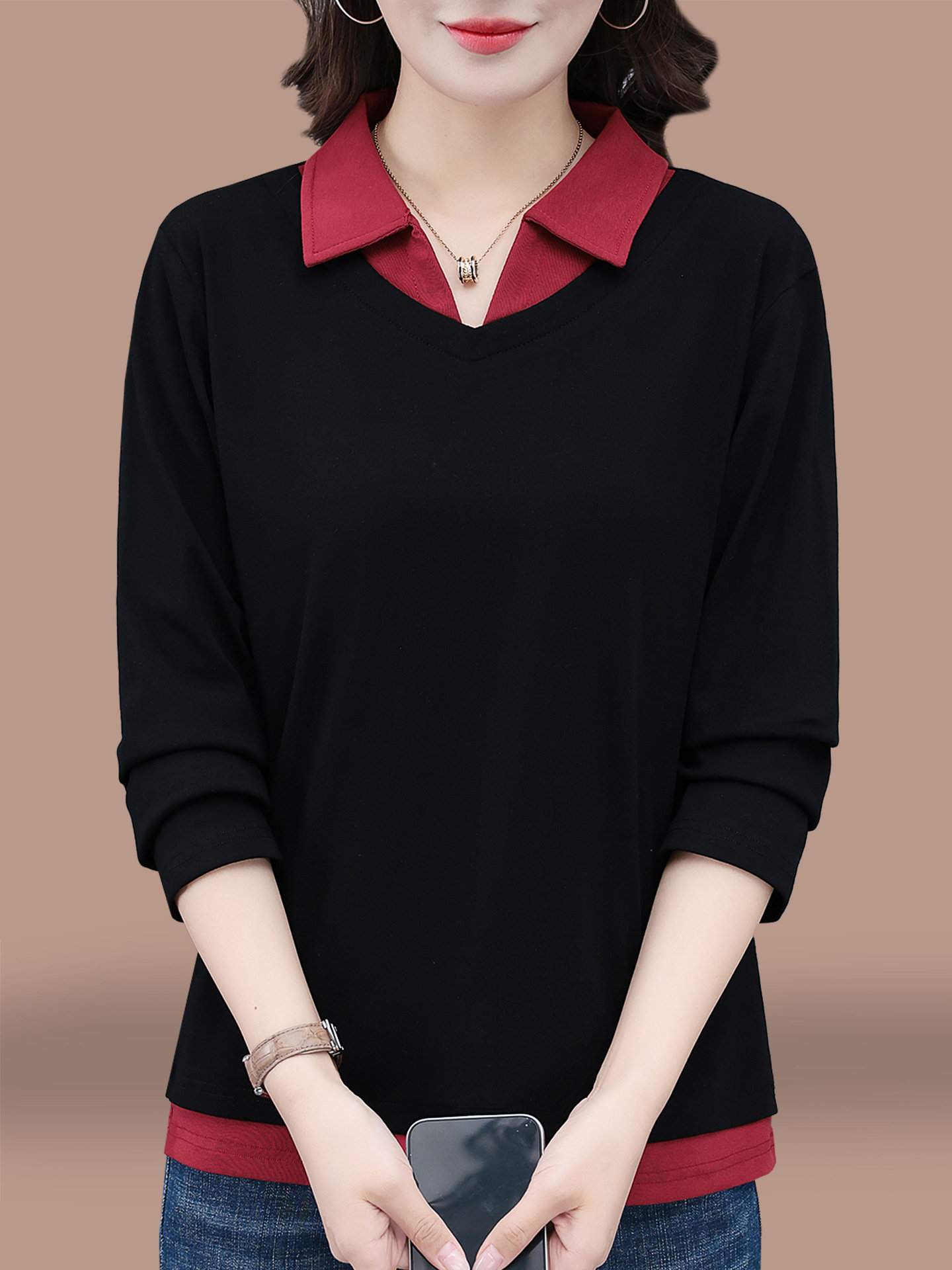 纯棉假两件上衣女2025新款春秋时尚洋气妈妈宽松大码翻领长袖t恤