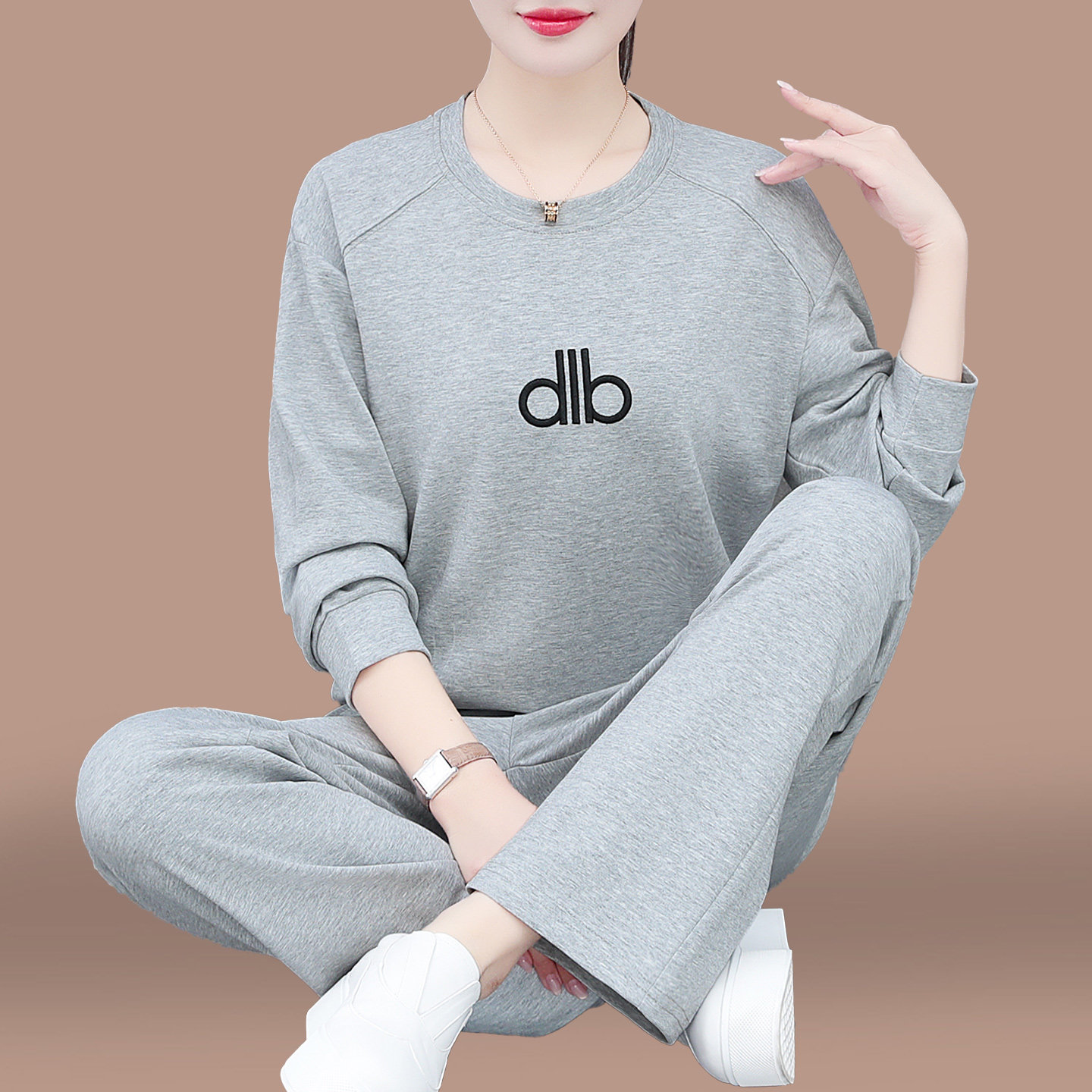 灰色运动套装女2026新款春秋薄款时尚减龄妈妈休闲长袖卫衣两件套