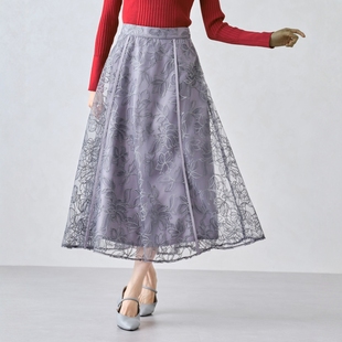 又仙又美~MM家 温柔的氤氲美感 蕾丝花柄刺绣薄纱松紧腰半身裙