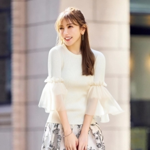 超仙美！四千金家 优雅婀娜 薄纱分层喇叭七分袖舒适百搭针织套衫