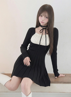 超絶好版型！D@r1ich人气爆款 绑带拼接羊毛针织收腰百褶连衣裙