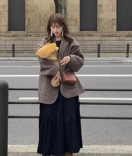 e@phi展示会人气款 淡色女子 精纺羊毛 知识分子感千鸟格西装外套