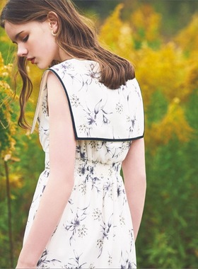 美出天际！N0e1@ 气质女神 撞色绲边海军领 法式碎花连衣裙