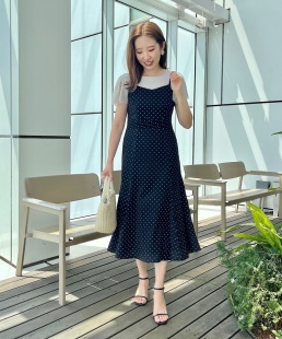 浪漫入夏!气质显瘦 水玉波点+碎花腰部塔克褶甜美鱼尾吊带连衣裙